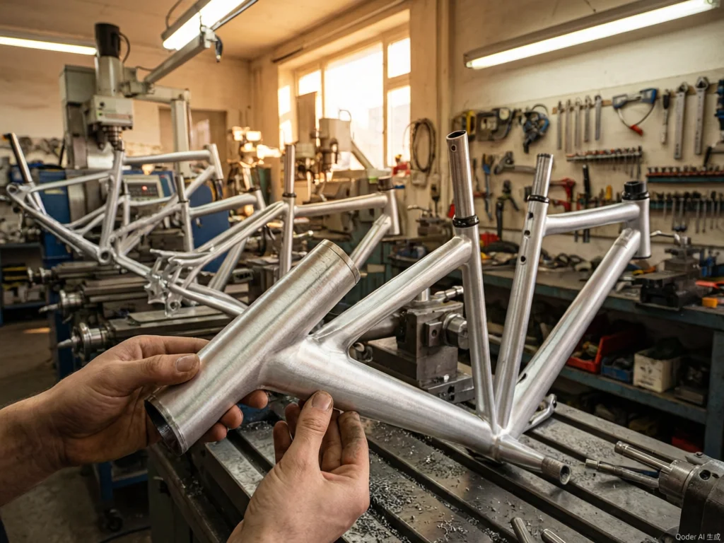 CNC machined bicycle frame and fork components in workshop
